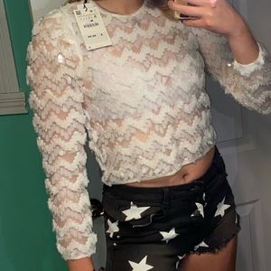 ZARA white lace sequin long sleeve crop top NWT